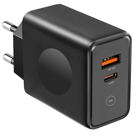 Laddare - E.F.CONNECTION - 30W - 2 portar - PD USB-C 20W - QC 3.0 - Svart
