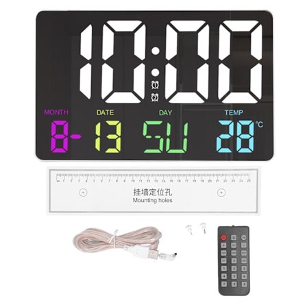 RGB Digital Veggklokke med Fjernkontroll Justerbar Lysstyrke LED Kalender og Temperaturvisning Stor Vekkerklokke for Soverom Svart