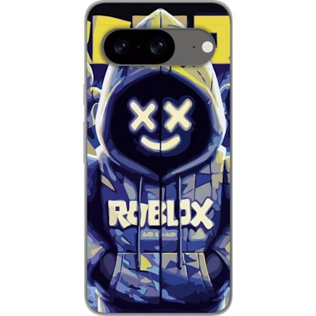 Kompatibelt Mobildeksel til Google Google Pixel 8 Blågul Roblox hettegenserfigur med minimalistisk neonstil og masket ansikt, moderne spillillustrasj