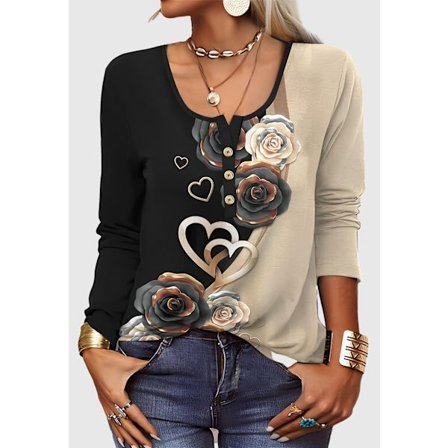 Langærmet t-shirts til kvinder med rund hals, tunika toppe, trykt bluse