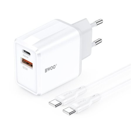 BWOO Vægoplader 38W QC med USB og USB-C + USB-C-kabel 1m