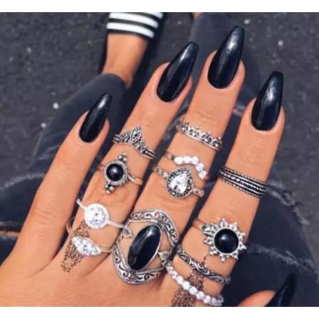 12-pack Boho Silver Ringar - Vita Rhinestones & Olika Mönster Silver