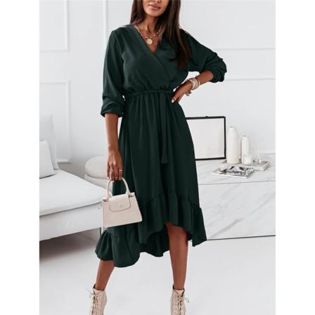 Kvinnor Casual Enfärgad Volang Elegant Klänning Höst Långärmad