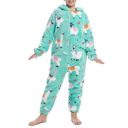 Barn Fleece En Delig Pyjamas Med Dragkedja Unisex Mönster Tryck Huva Onesie Sovkläder för Pojkar Flickor