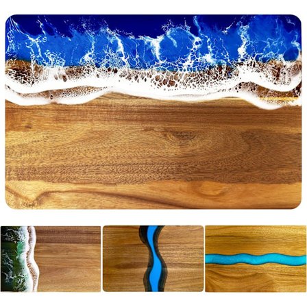 Håndlavet skærebræt i akacietræ med blåt resin-bølgemønster til køkkenets madlavning og servering - Alsidigt oste- og charcuteribræt til kød og 