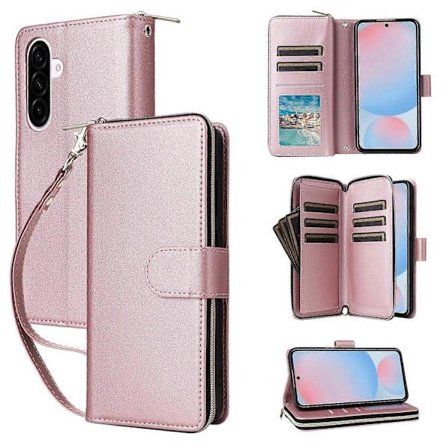 Til Samsung Galaxy A56 5G Etui Lynlåslomme PU Læder Cover med 9 Kortlommer