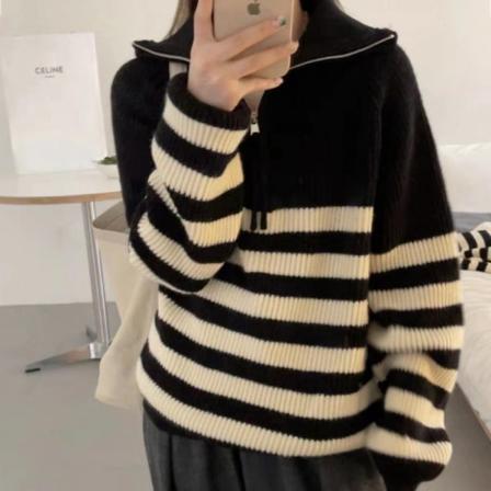 Dam flickor Stickad tröja Vintage Stripe Loose Halv Zip Turtleneck Leisure Pullover Black M