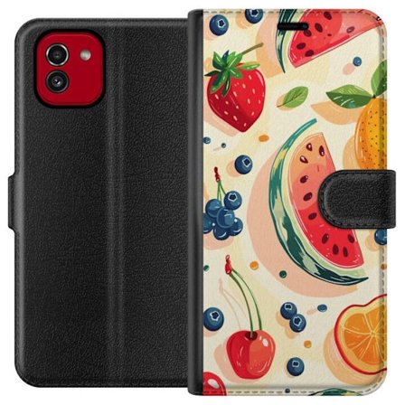 Kompatibel Tegnebogsetui til Samsung Galaxy A03 Legesyg frugtillustration med vandmelon, citrus, jordbær, kirsebær og bær