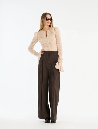 ROTATE Birger Christensen Pinstripe Wide Leg Pants - Brown - 38