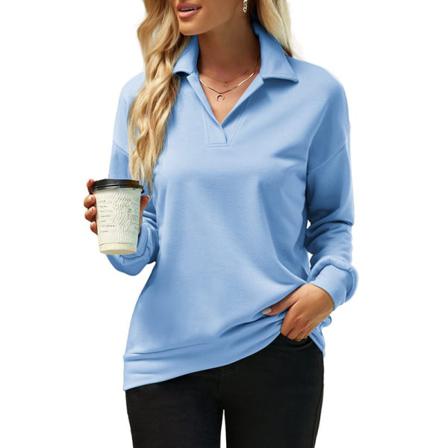 Dam Långärmad Lapel Collar V-hals T-shirt Enfärgade Toppar