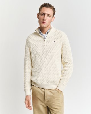 GANT - Teksturert bomullsgenser med halv-zip til herre cream