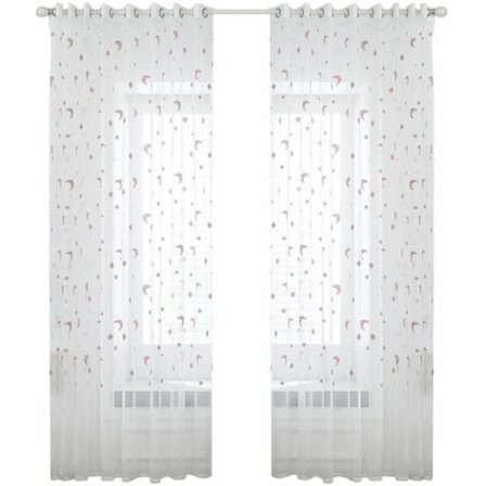 Gjennomsiktige Voile Gardiner Soverom Gardin Ring Topp Broderte Stjerne Og Måne Stue (2 Paneler, 39''Wx78''L), Rosa