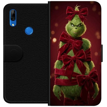 Yhteensopiva Lompakkokotelo Huawei Huawei P Smart Z Grinchi-hahmo koristeltu punaisilla samettinauhoilla juhlavassa studiossa, leikkisällä ja humori