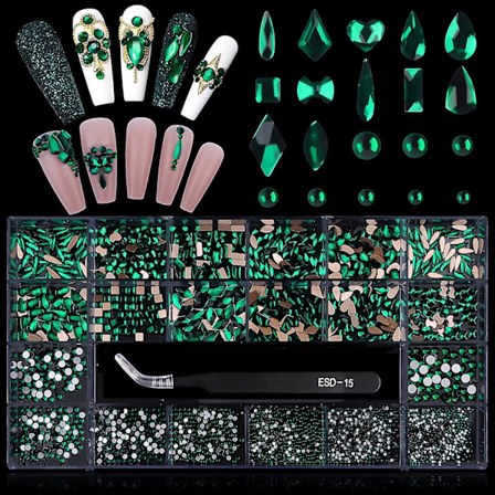 3100 st Professionella Nagelstenar Set Grön Nagelkonst Kristallstenar För Naglar Blandade Former AB Nagelstenar Juveler Med Stenplockare Punkt