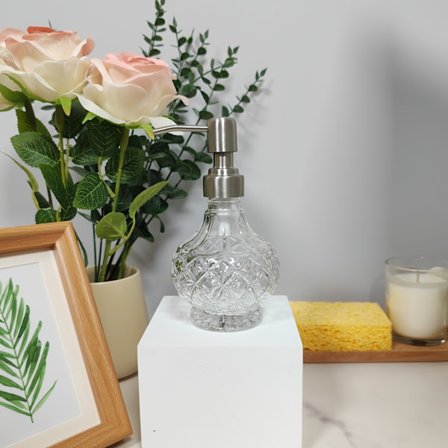 Kristallklar glas tvålpump med rostfri pump - Återfyllningsbar handtvålsbehållare, elegant vintage kvadratisk design, för badrum