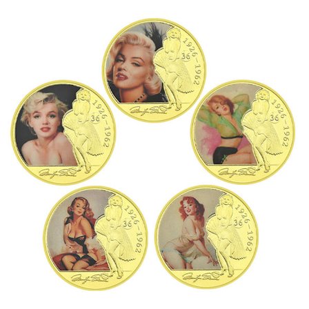 Vintage Hollywood mindesmønt – Guldfarvet jernmøntsæt med 1926–1962 Starlet-portrætter i farvetryk, klassisk Pin-Up-stil Celebrity Fa