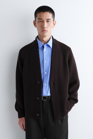 COS Men's Chunky Ribbed Wool V-Neck Cardigan in Brown
