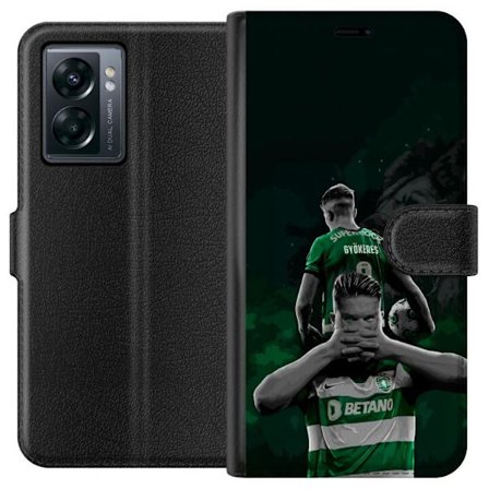 Yhteensopiva Lompakkokotelo OnePlus Nord N300 Neonmotiivi, jossa teksti "Gaming is in my DNA" sinisenä ja punaisena tiiliseinällä, jossa loistava DNA-