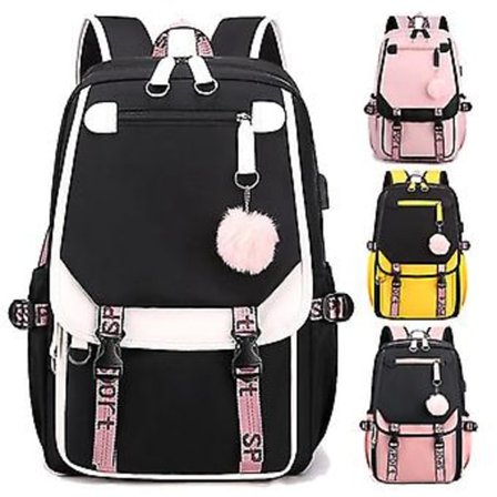 Rygsæk til piger USB-opladning Bogtaske Søde rygsække til teenagepiger (sort)