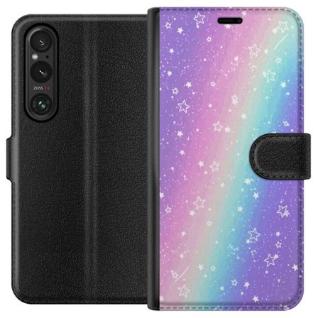 Kompatibel Tegnebogsetui til Sony Xperia 1 V Rainbow-farvet pastelbaggrund med hvide stjerner og glitrende prikker i blød overgang