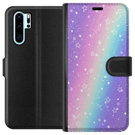 Kompatibelt Lommeboketui til Huawei P30 Pro Rainbow-farget pastellbakgrunn med hvite stjerner og gnistrende prikker i myk overgang