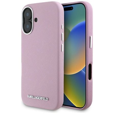 Karl Lagerfeld MagSafe iPhone 16 Fodral - Saffiano Helgjutet Avlångt Metall Logo - Rosa