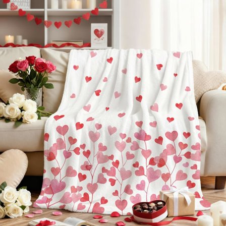 Valentine Flanelltæppe, Pink Blomstret Kærlighedshjerter Blødt Fuzzy Plys Hyggeligt Fleece Tæppe til Sofa Seng Slapning, Ideelle Gaver til Kone, 80x60
