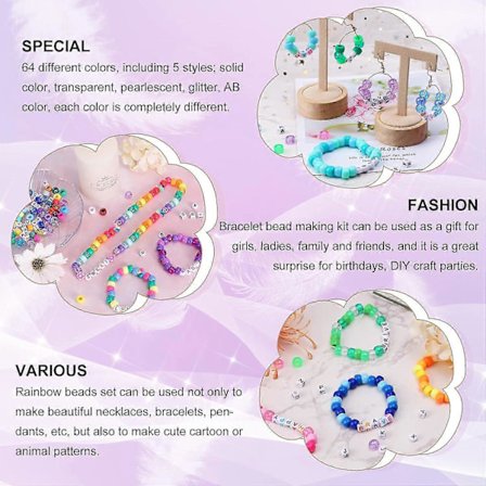 2350 stk, 64 Farger, Ponyperler til Armbånd og Halskjedelaging, Regnbue Håndverkperler og Elastiske Snører Sett, Bokstavperler Sett for Jenter (FMY)