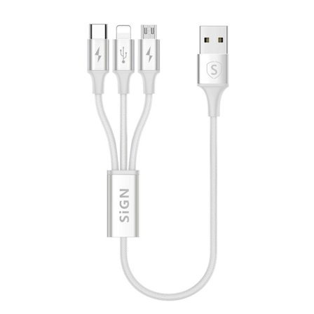 SiGN 3-i-1 Kabel 0,25m - Lightning, USB-C, Micro-USB 5V, 3A - Vit