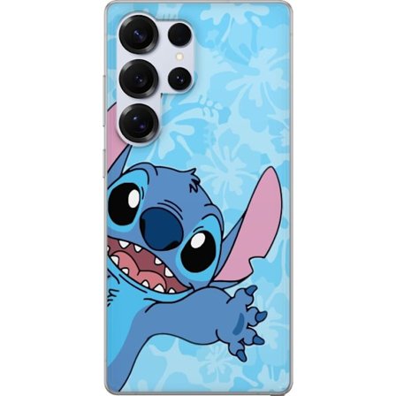 Kompatibelt Mobildeksel til Samsung Galaxy S25 Ultra Leken illustrasjon av Stitch som strekker seg mot kameraet på lyseblå blomstret bakgrunn