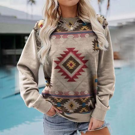 Långärmad Tröja Med Geometriskt Print För Damer Baggy Sweatshirts