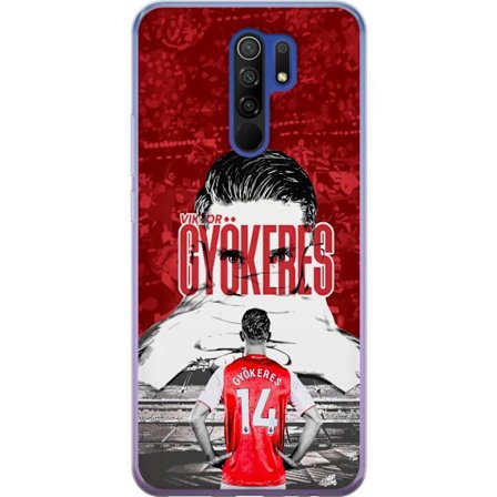 Kompatibelt Mobildeksel til Xiaomi Redmi 9 Rød dramatisk kollasjebilde med Viktor Gyökeres portrett og spillere fra bak på arenaen
