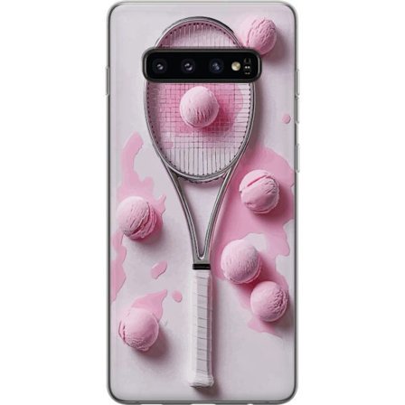 Kompatibelt Mobilskal till Samsung Samsung Galaxy S10 Rosa glasskulor och tennisrack i en kreativ stillbild med lekfull popkänsla och modern design s