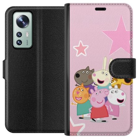 Kompatibelt Lommeboketui til Xiaomi 12 Peppa Gris og venner samlet med stjerner på rosa bakgrunn, fargerik barneillustrasjon
