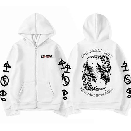 Rock Band Bad Omens Cult Killed and Born Again Dubbelsidig Tryck Dragkedja Hoodie Herr Dam Vintage Punk Gotisk Zip Up Jacka