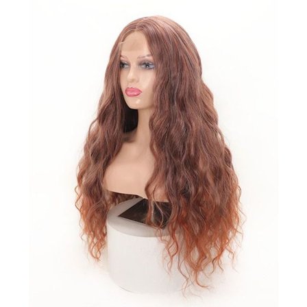 Kvinne parykk, brun, stor, bølget, lang, krøllete, midtskill