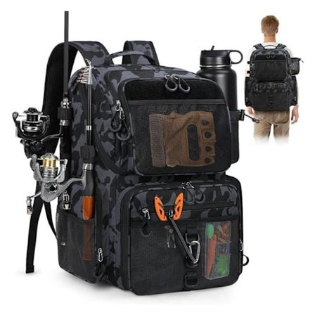 Military Fishing Backpack - Black Camouflage Fishing Bag with Rod Holders, Water Bottle and Fishing Gear Storage