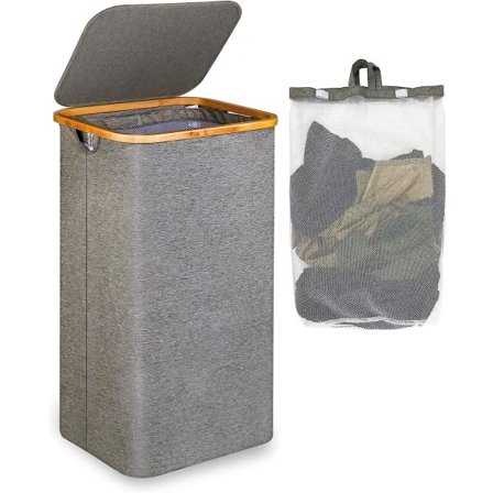 110 liter tvättkorg med mesh och lock (grå), bambu