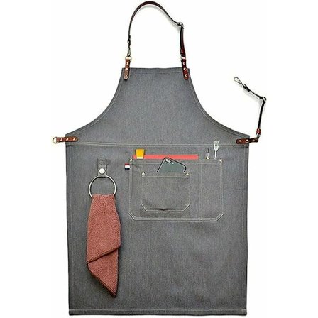 Unisex-esiliina harmaasta denimistä nahkaremmin kanssa, ruoanlaittoon ja grillaukseen, taskuilla, koko M