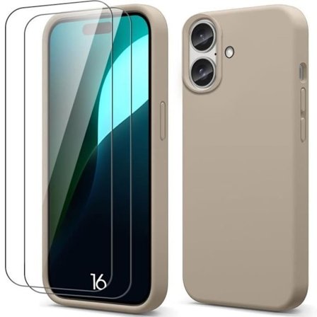 Etui og 2 hærdede glas til iPhone 16, Ultra tynd beskyttelse stødsikker ridsefast Beige