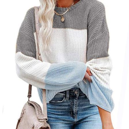Kvinnor Crew Neck Skarvad Pullover Patchwork Color Block Sweater