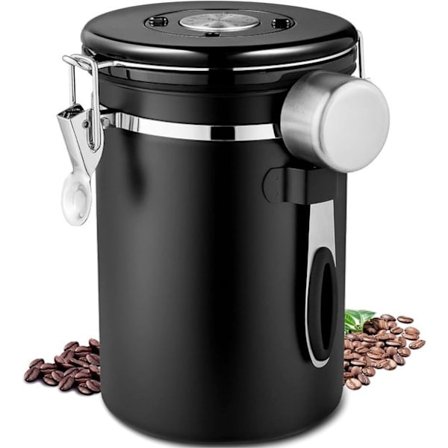 Kaffekrukke i rustfrit stål, lufttæt, leveres med en rustfri stål ske, 750g/1,8L, vakuum kaffekrukke med datomarkering.