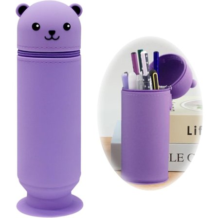 Søt bjørneformet stor stående pennal, kopp pennal i myk silikon, dyrepennposeholder for barn, studenter, voksne, skole, kontor