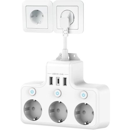 Flere uttak med individuell strømbryter, grenuttak med USB-C 3 uttak og 3 USB-ladere, vegguttak med flere USB-uttak, kort kabel[co]