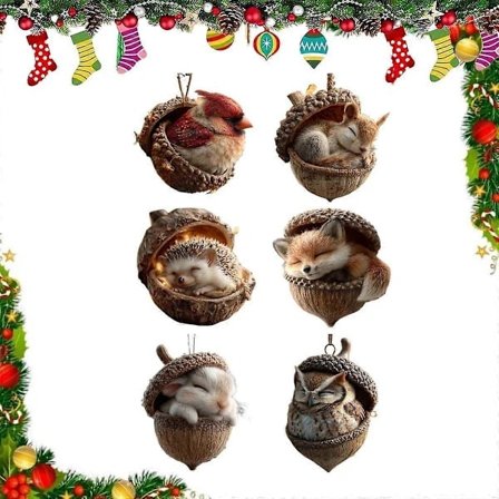 6 stk. Skovdyr Agern Ornament Sæt Hyggelige Skov-juletræspynt, Kogledyrsdekoration, Dejlige Sovende Dyr Akryl Juletræ Ha