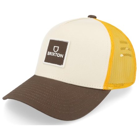 Brixton - White trucker Caps - Alpha Block X C Medium Profile Golden Glow/Off White/Deep Brown Trucker @ Hatstore