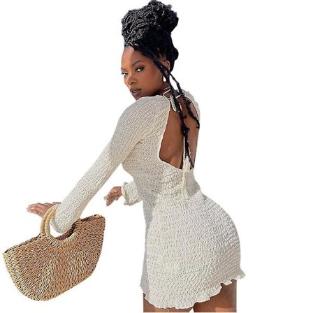 Størrelse L Casual Bubble Thread Ensfarget Halterneck Stroppeløs Ryggløs Kjole