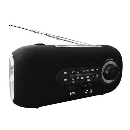 Eurooppalainen standardi musta SOS-hätätilanteen ehkäisyyn tarkoitettu aurinkokäyttöinen käsikampi-sääradio 5LED-taskulamppu 4-nopeuksinen zoomaus 