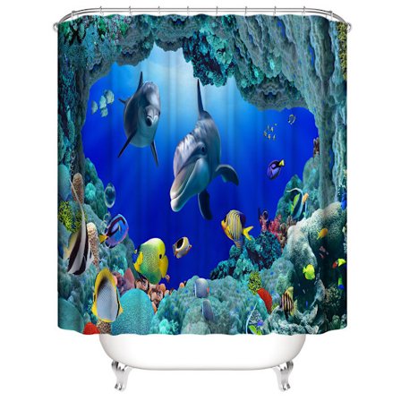 Delfin Duschdraperi 180*200cm, Hav Duschdraperi Vattentät Polyester Duschdraperi med 12 Krokar för Jul Dek