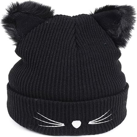 Kissankorva pipo - Lämmin löysä neule talvihattu, söpö syksyn ja talven lämmin kissankorva neulehattu tytöille naisille (musta)